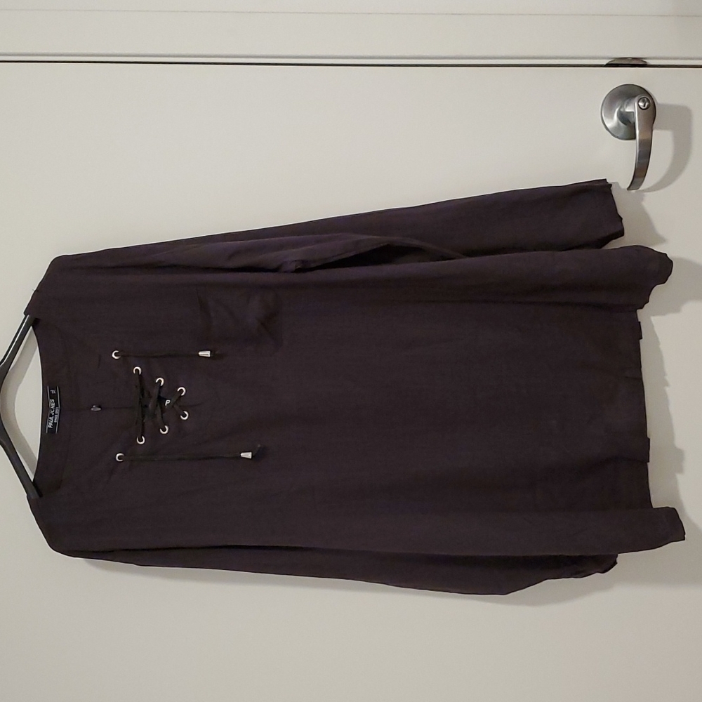 Paul Jones Black long sleeve tunic lace up neck detail Linen and Rayon XL